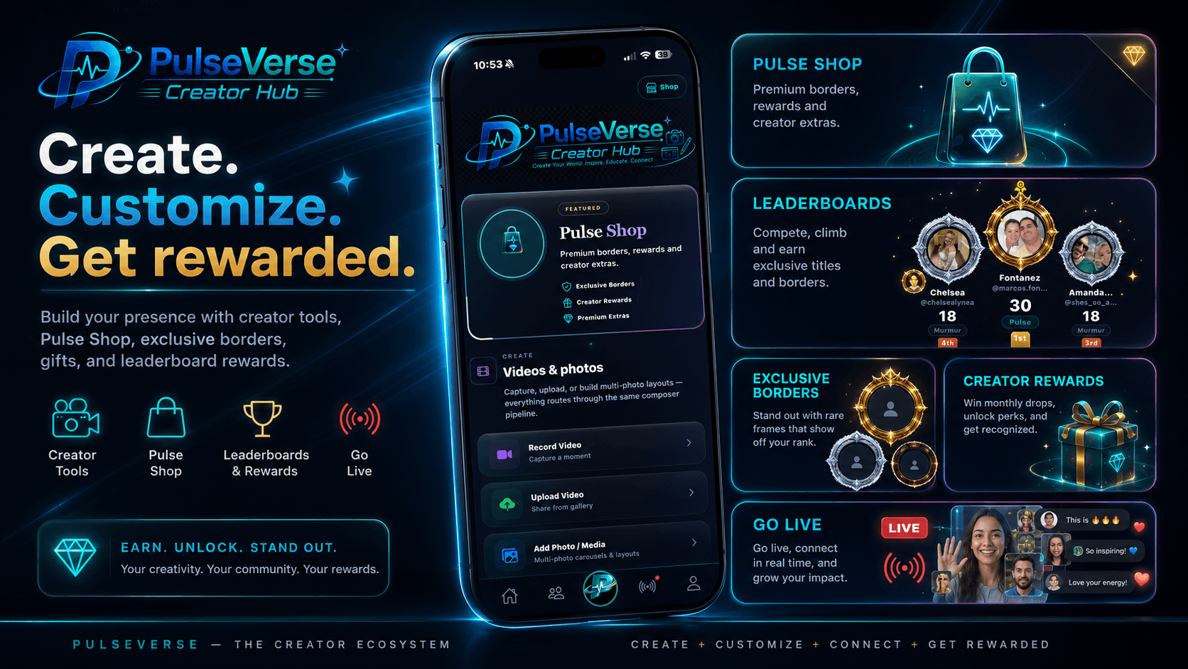 PulseVerse Creator Hub, Pulse Shop, and rewards on iPhone — borders, gifting, and creator surface.