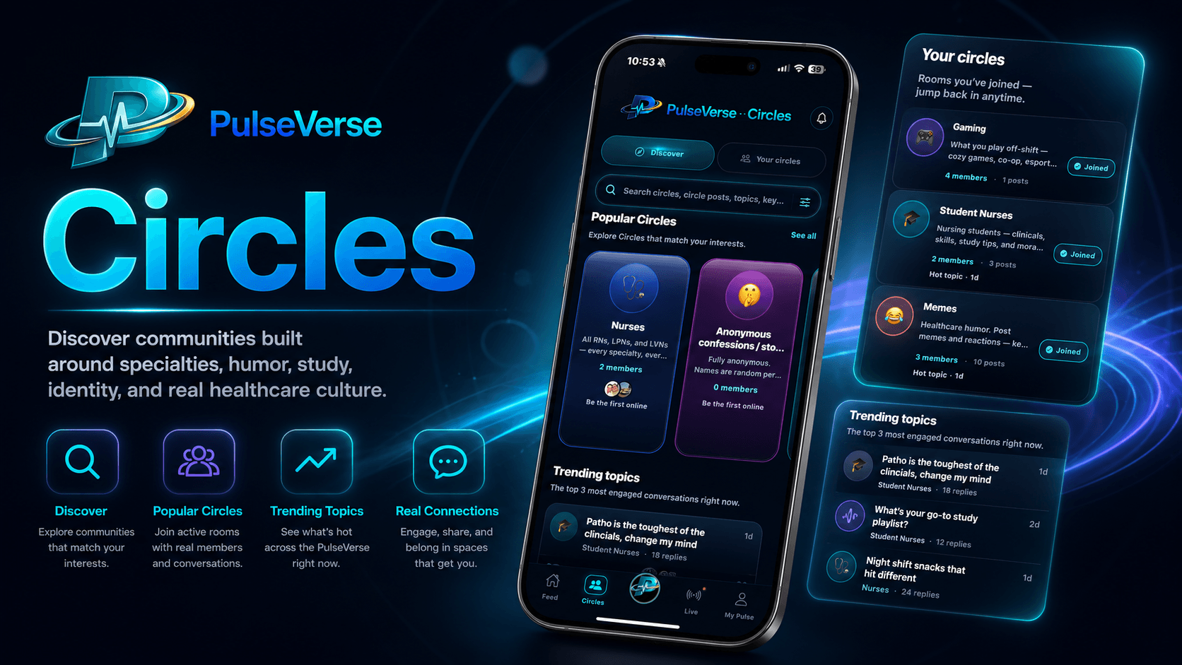 PulseVerse Circles — discover popular circles, your circles, and trending topics