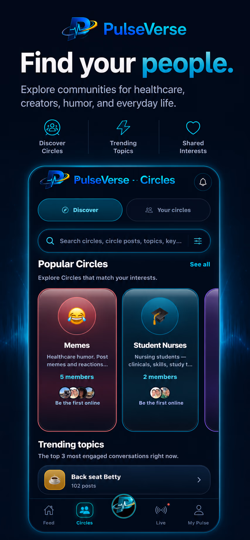 PulseVerse Circles — discover communities for healthcare, humor, students, and everyday life.