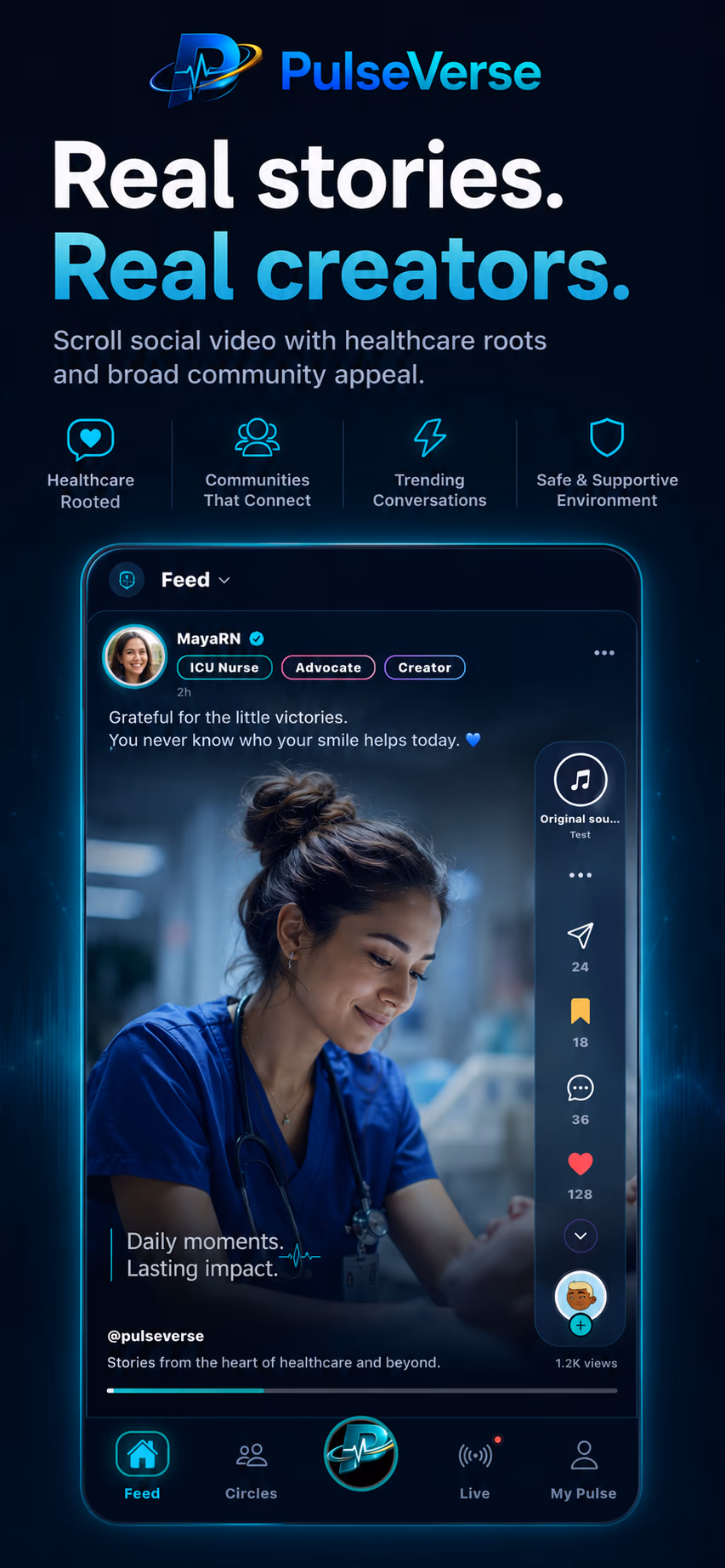 PulseVerse Feed — real stories and creators with healthcare-rooted social video.