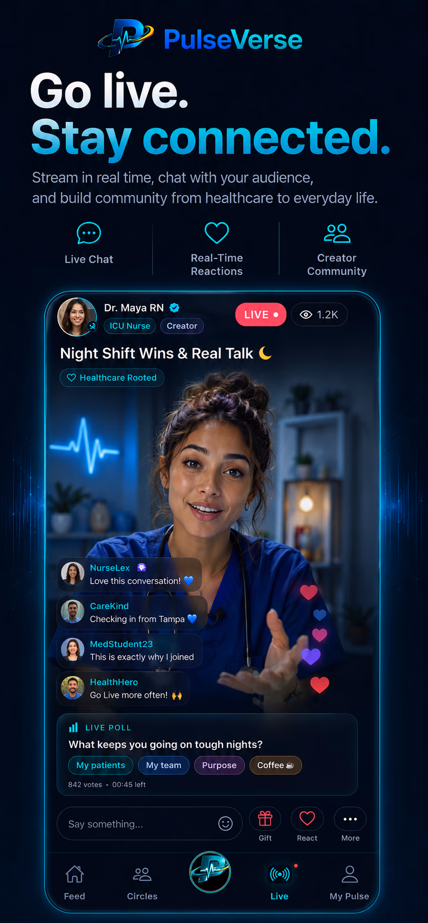 PulseVerse Live — real-time streaming with chat, polls, and reactions.
