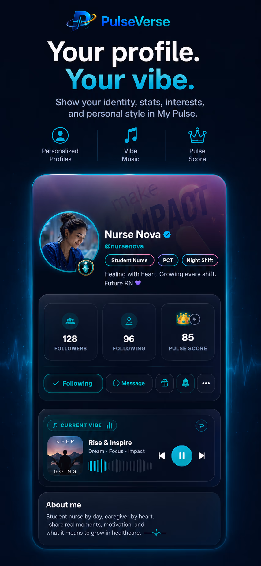 PulseVerse My Pulse — personalized profile with vibe music, stats, and Pulse Score.