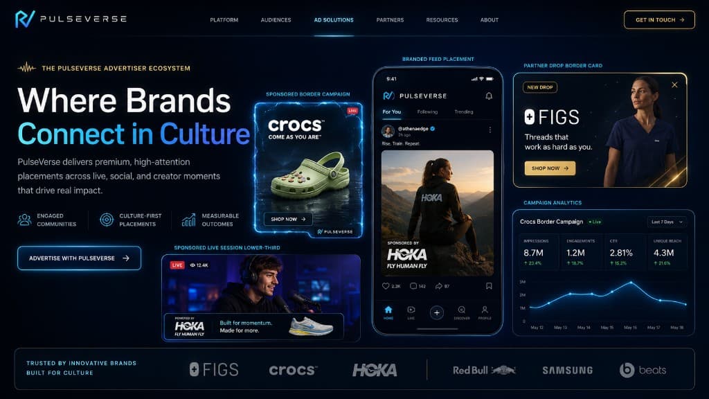Illustrative PulseVerse advertiser ecosystem mockup: sponsored border, live lower-third, branded feed on phone, partner drop frame, and campaign analytics — concept UI only.