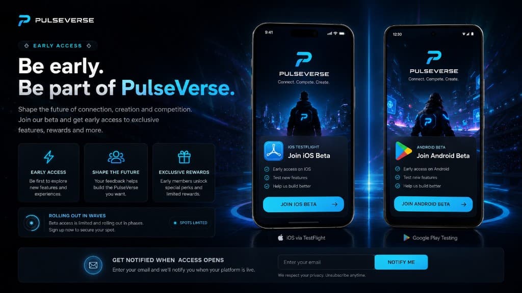 PulseVerse early access infographic: headline, three benefit cards, rolling-out status bar, iOS TestFlight and Android beta phone mockups with join buttons.