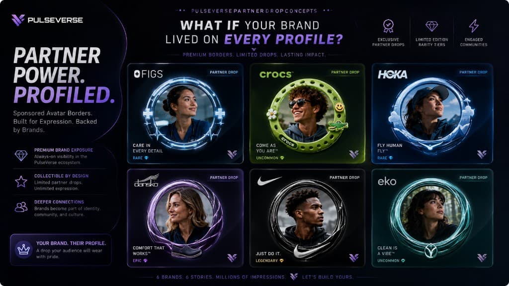 Concept-only Partner Drop profile border frames with rarity tiers on dark neon-glass cards — fictional partner styles, not live inventory.
