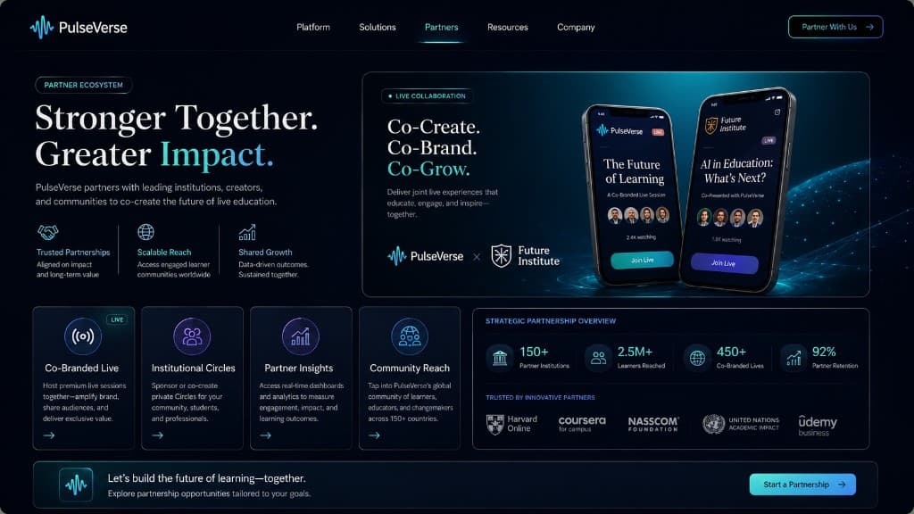 Partners marketing hero: live collaboration card with dual PulseVerse phone mockups for co-branded education and institutional reach.