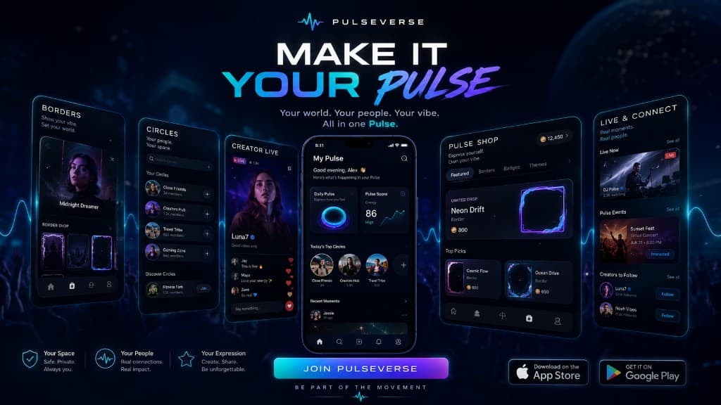 PulseVerse marketing hero: central My Pulse phone with floating panels for Borders, Circles, Creator Live, Pulse Shop, and Live & Connect, plus Join PulseVerse call-to-action.